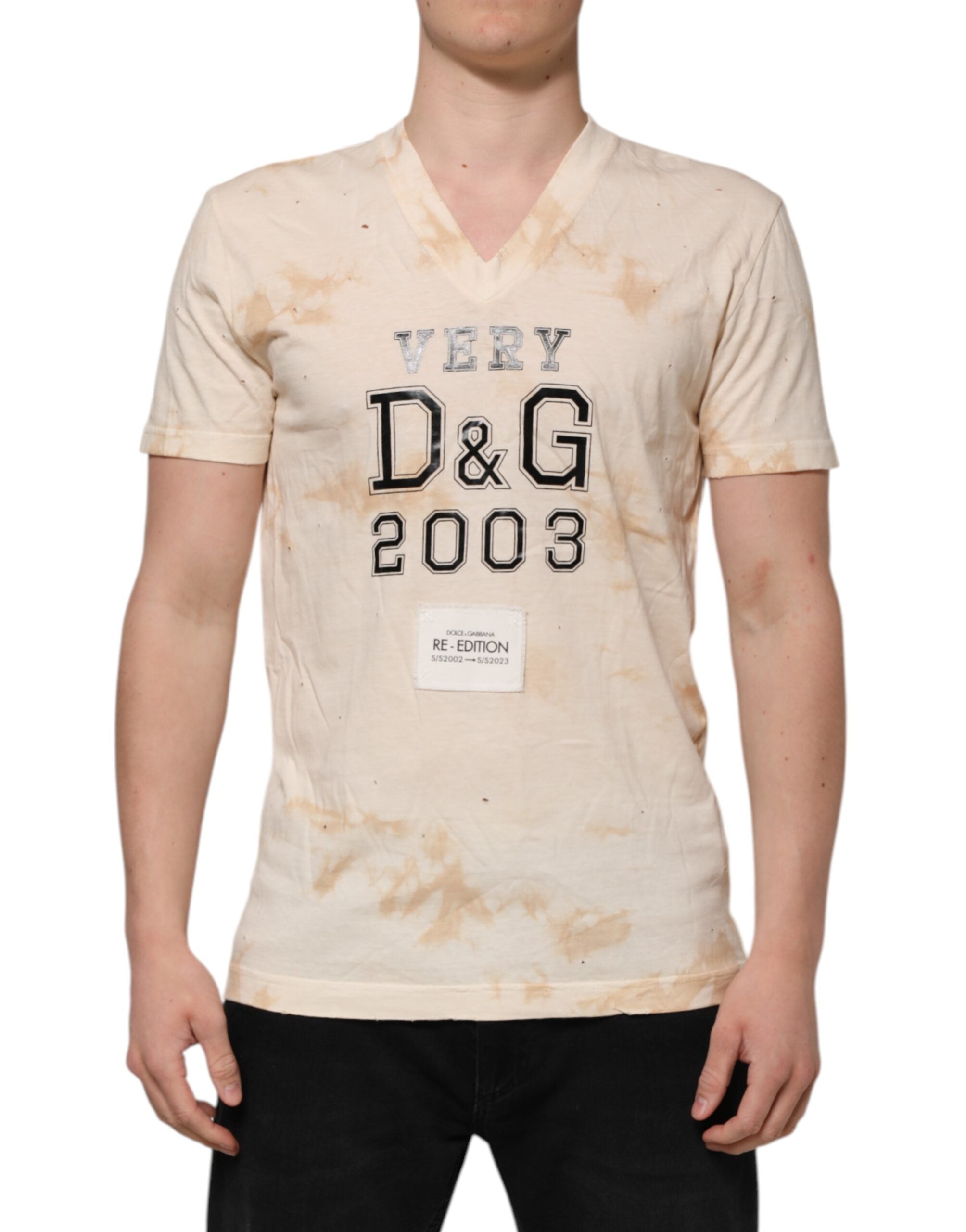 Dolce & Gabbana Beige Logo Print Short Sleeve V-neck T-shirt